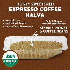 Wellbee's OhGoodness Honey Halva ingredients close-up, showing Organic Sesame and Organic Honey.