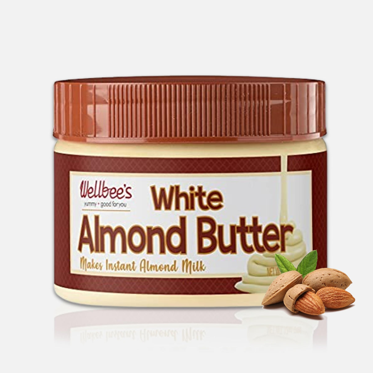 Wellbee's White Almond Butter jar with ultra-smooth texture for easy spreading.