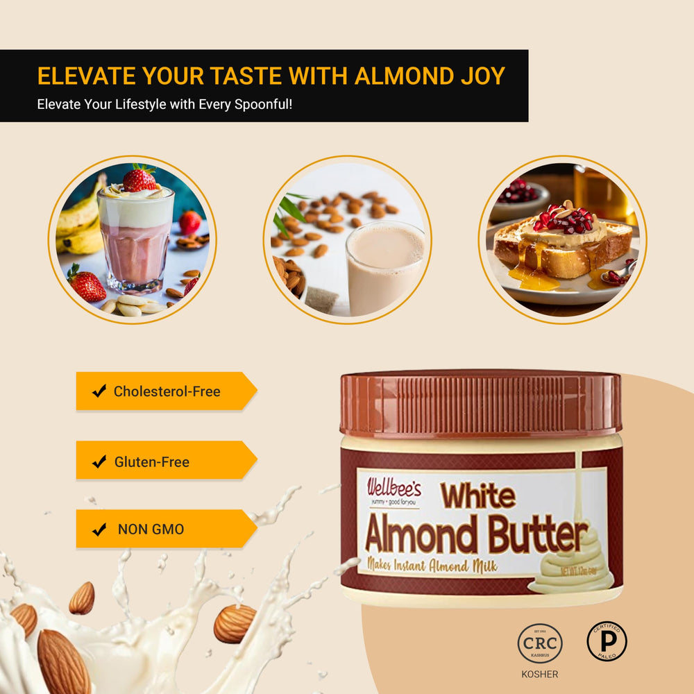 Pouring Wellbee's White Almond Butter into a glass for almond milk.