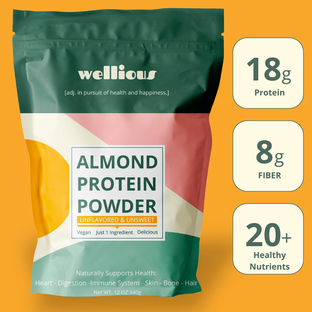 Close-up of Wellious almond protein powder ingredients for simple nutrition