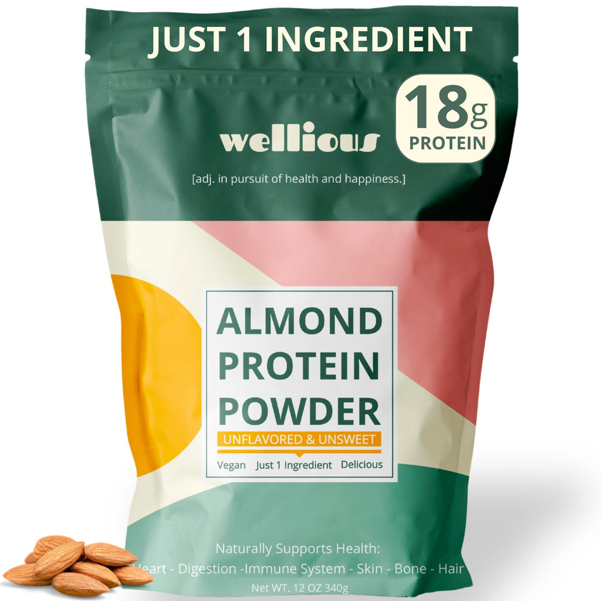 Wellious almond protein powder jar shows clean single-ingredient vegan protein