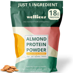 Wellious almond protein powder jar shows clean single-ingredient vegan protein