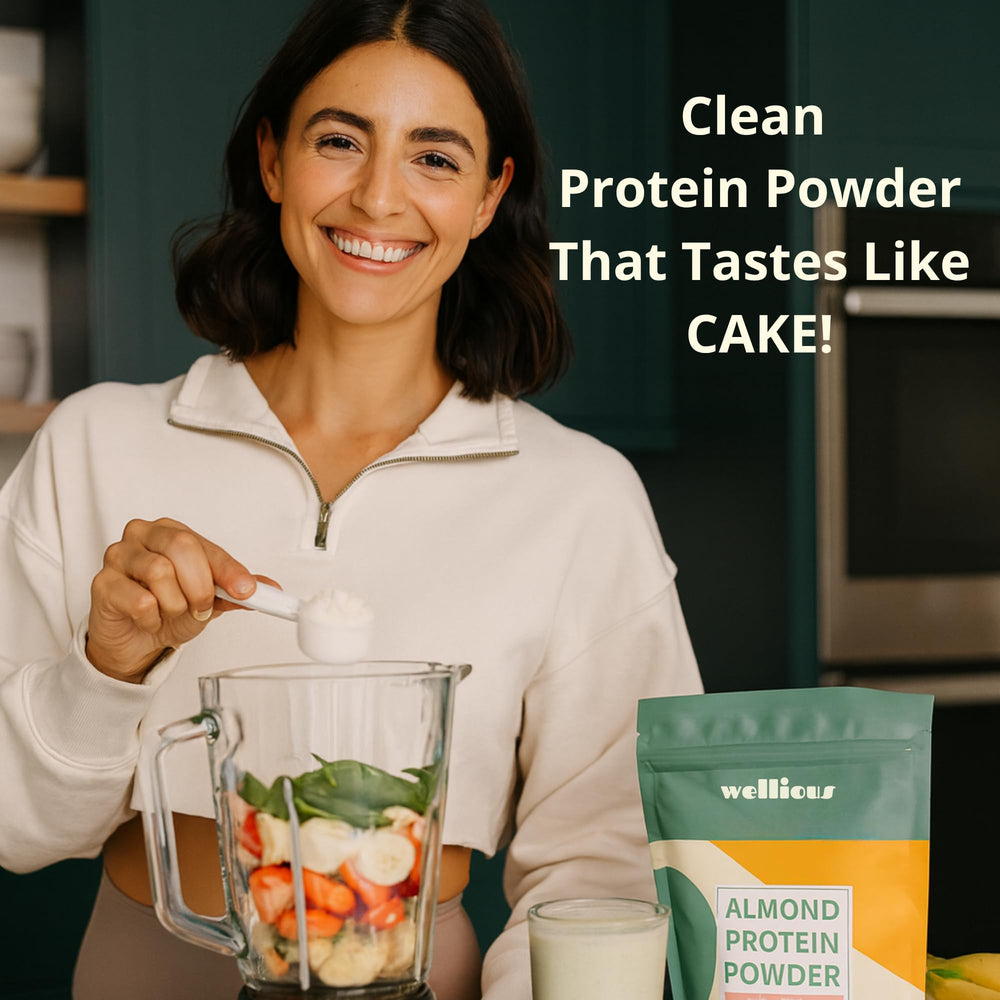 Wellious protein powder setup illustrating dairy-free, gluten-free, soy-free options