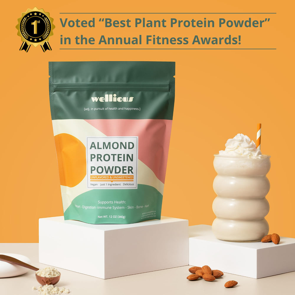 Wellious almond protein powder smoothie with vibrant ingredients