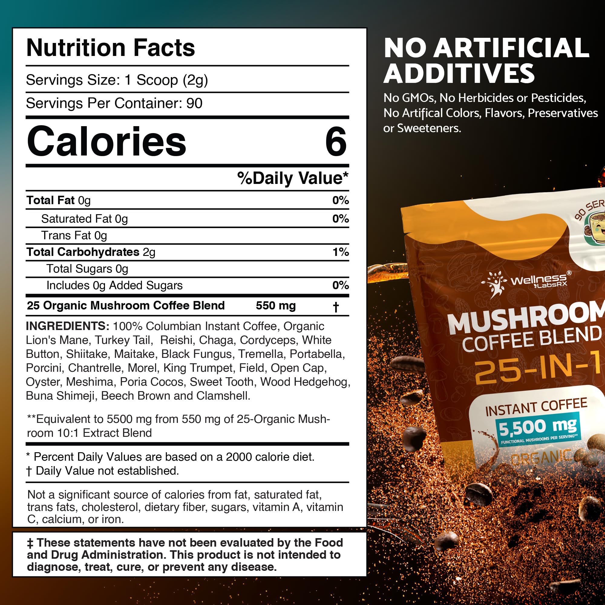 WELLNESS LABSRX Lion's Mane image suggests focus support in a mug