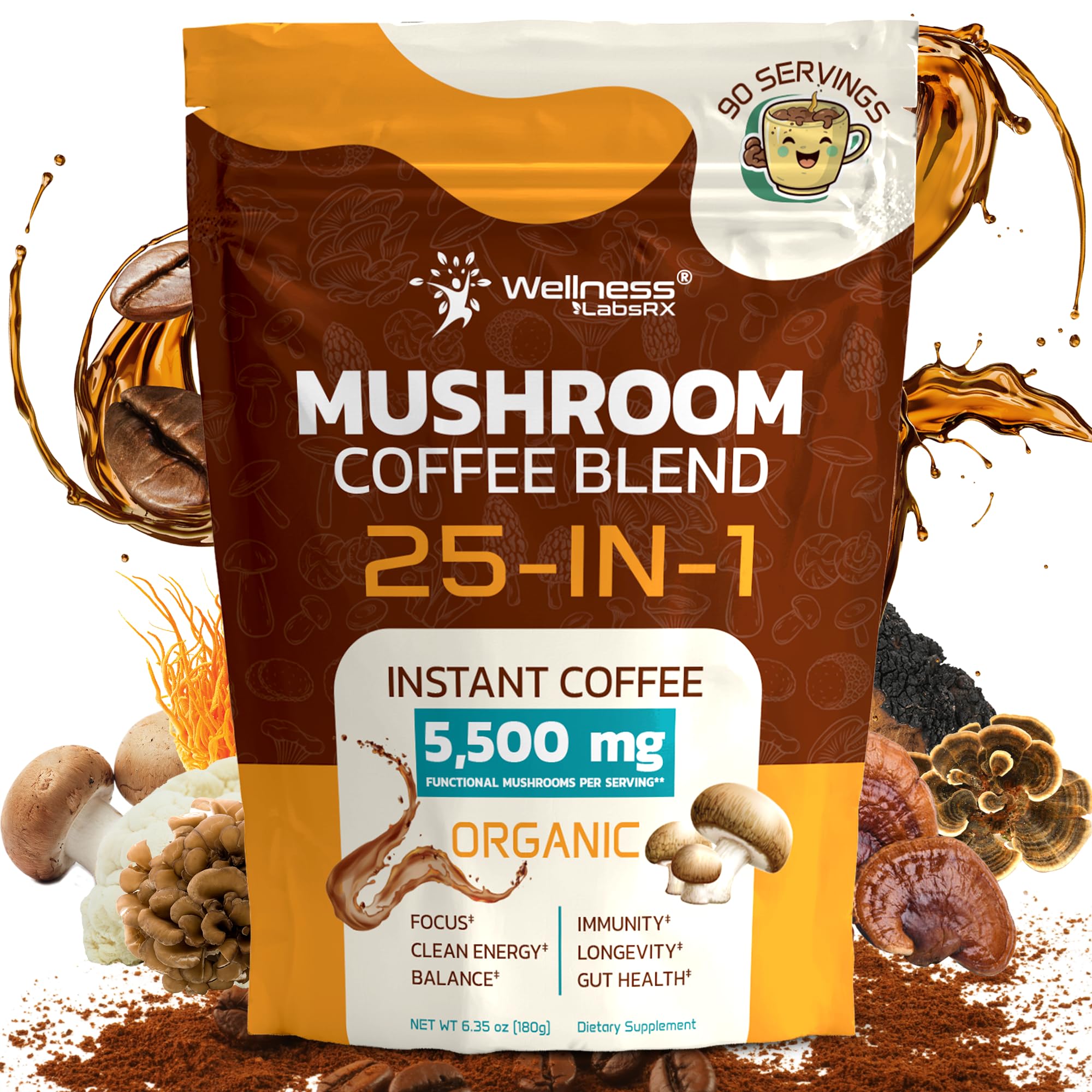 WELLNESS LABSRX Organic Mushroom Coffee Instant in a jar with smooth energy boost