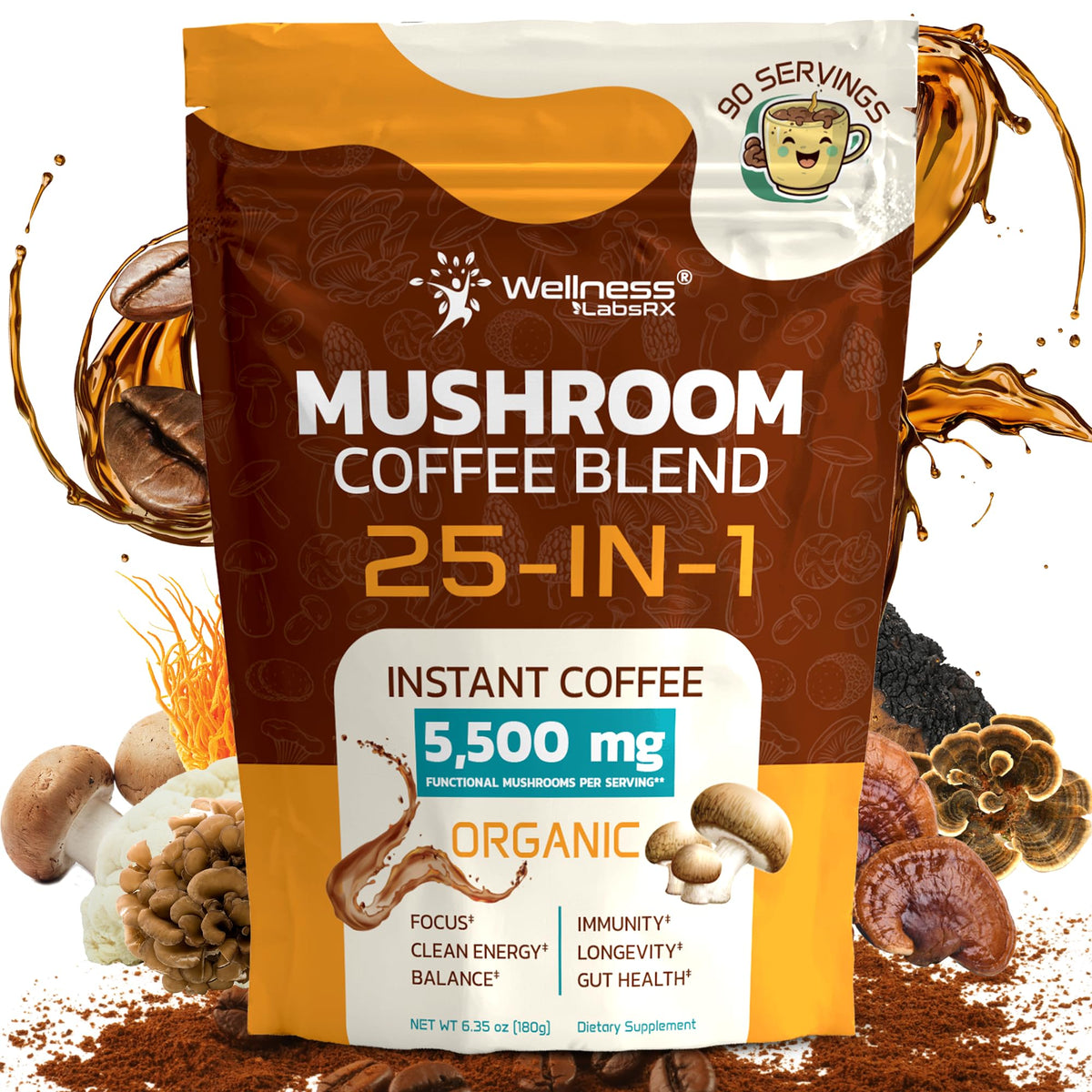 WELLNESS LABSRX Organic Mushroom Coffee Instant in a jar with smooth energy boost