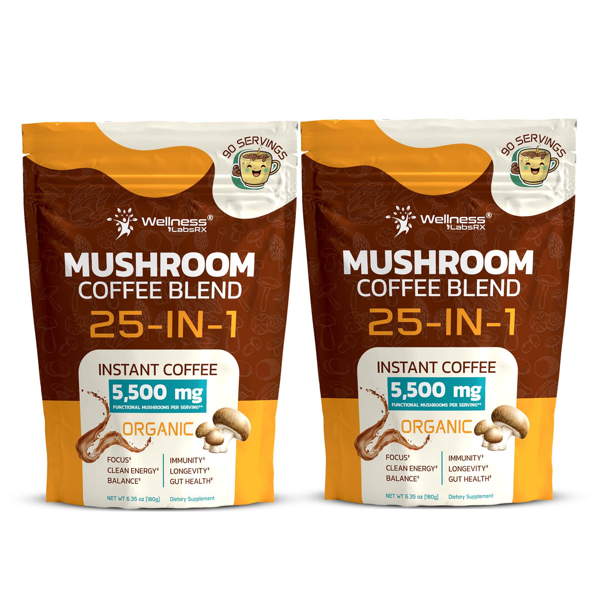 WELLNESS LABSRX Mushroom Coffee pack front showing keto-friendly energy for daily use