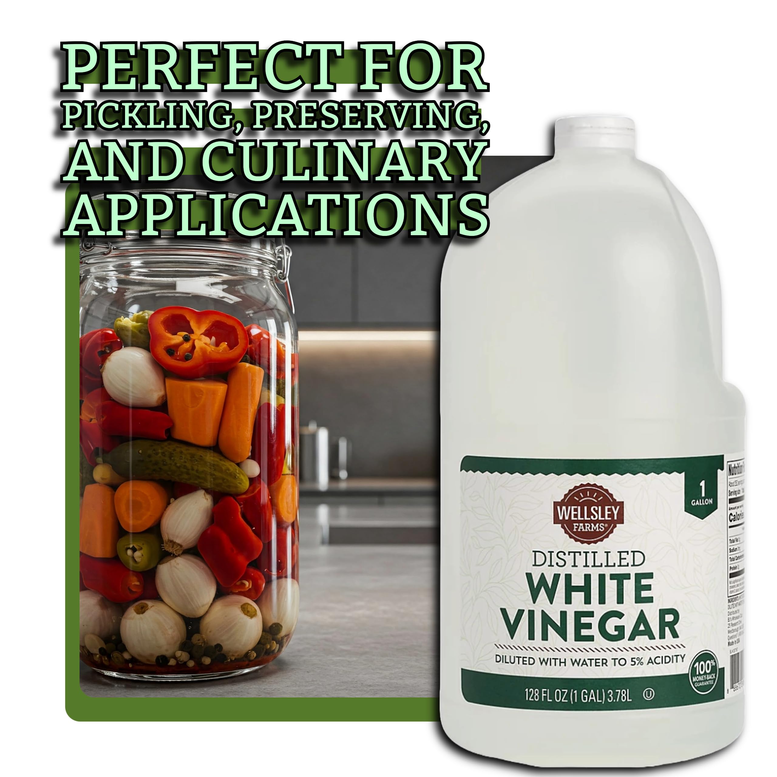 Wellsley Farms Distilled White Vinegar used for versatile cleaning tasks.