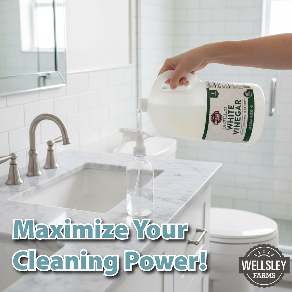 Wellsley Farms Distilled White Vinegar in cooking prep and food handling.