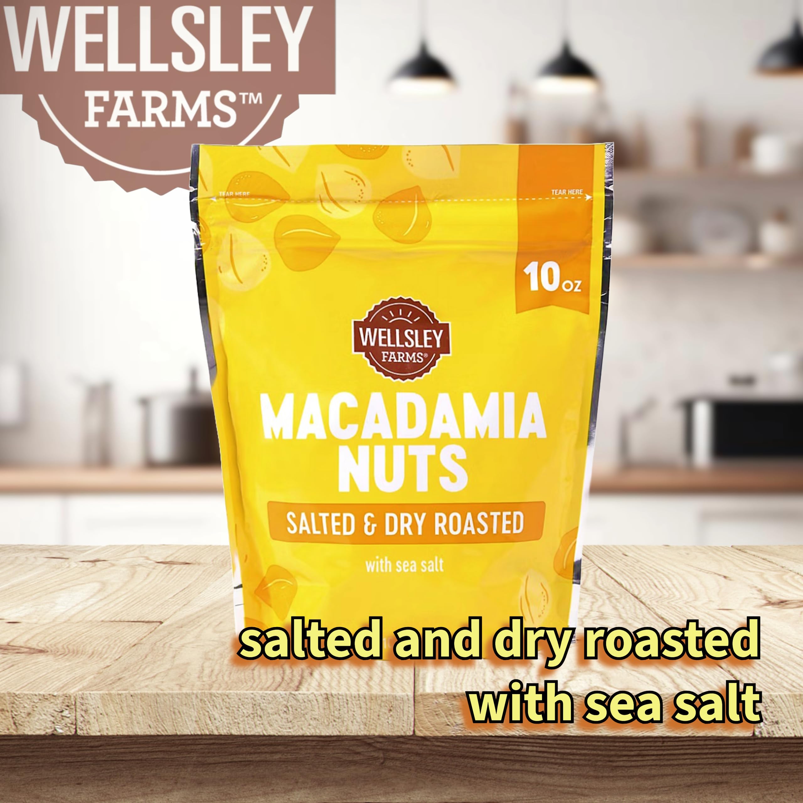 Wellsley Farms macadamia nuts in bowl with light sea salt and crunch