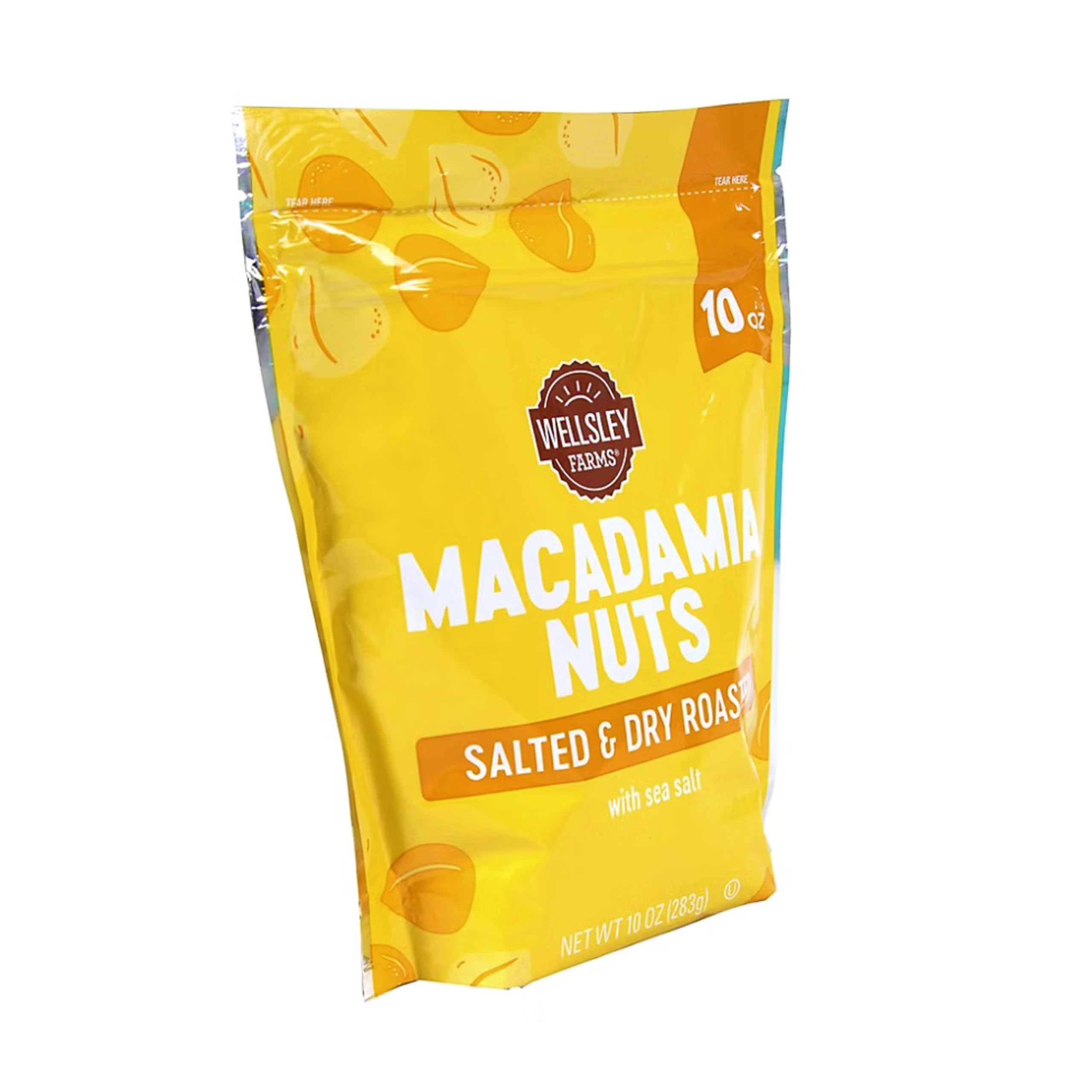 Wellsley Farms macadamia nuts packaging highlighting resealable bag for freshness