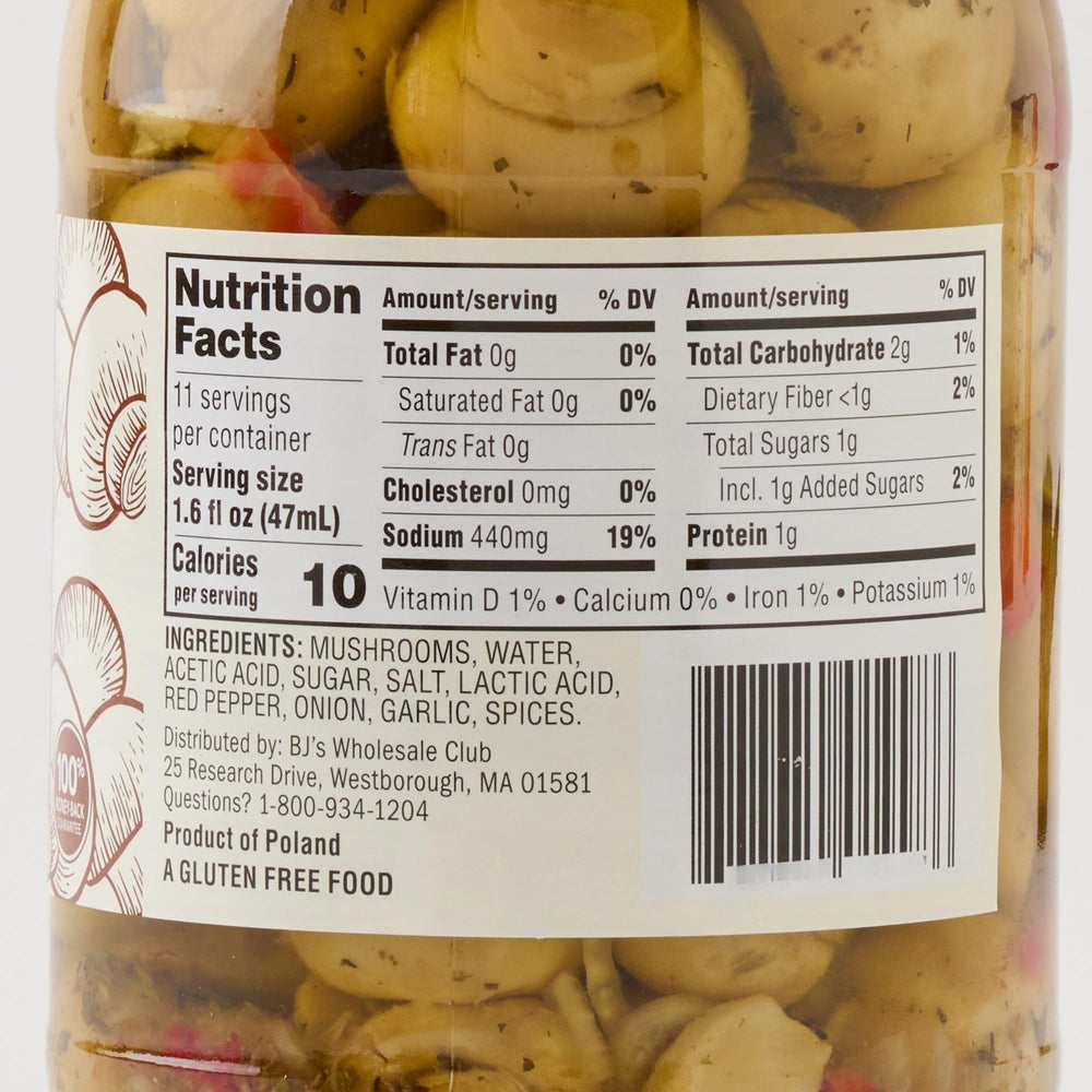 Wellsley Farms marinated mushrooms jar back highlights authentic Polish seasoning