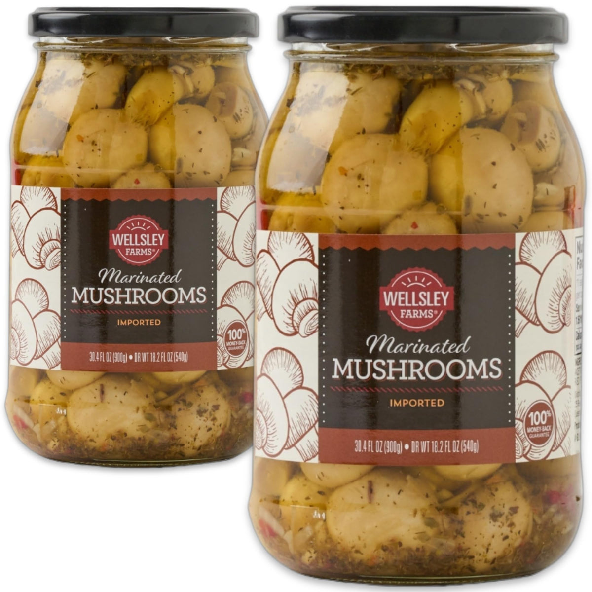 Wellsley Farms marinated mushrooms jar front showing ready-to-use flavor for salads
