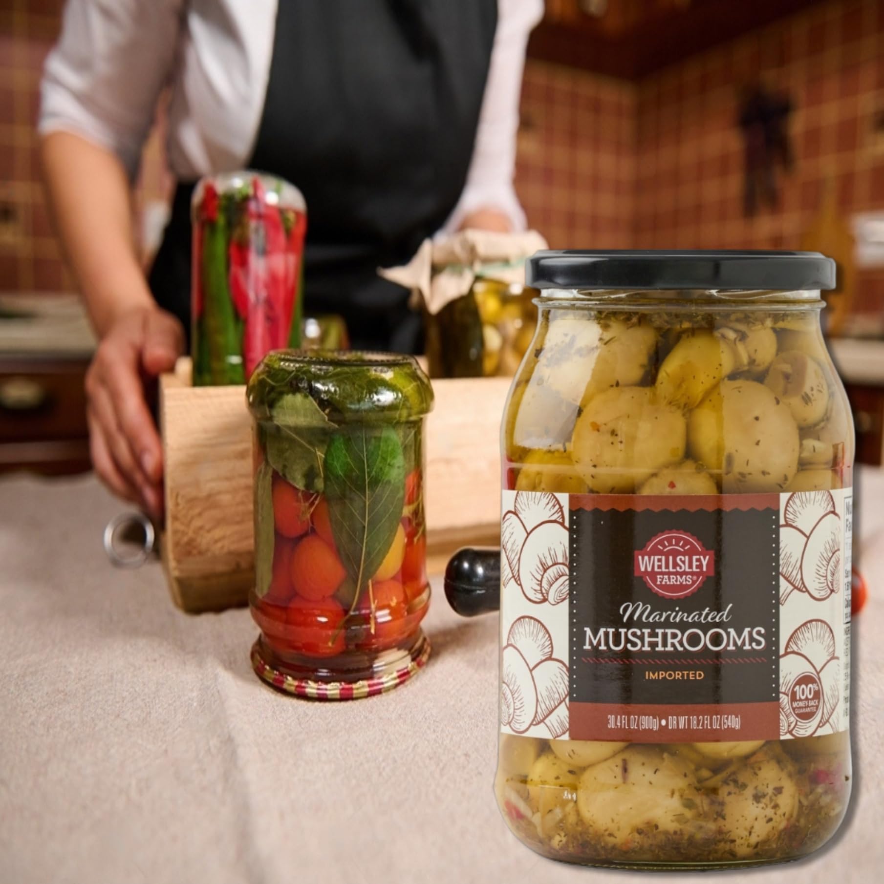 Wellsley Farms marinated mushrooms jar open reveals convenient, ready-to-use bites