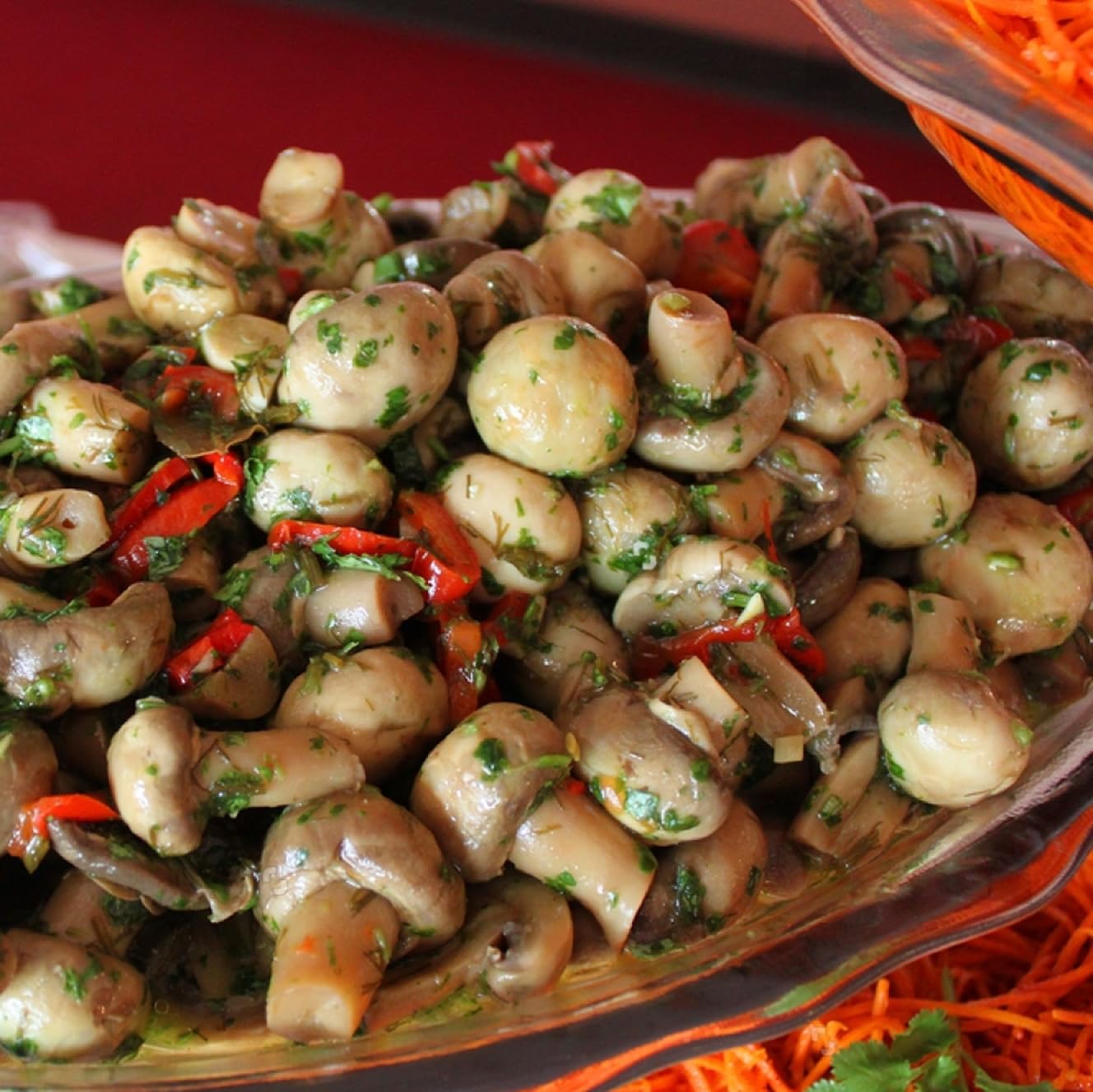 Wellsley Farms marinated mushrooms served on platter for elegant hors d'oeuvres
