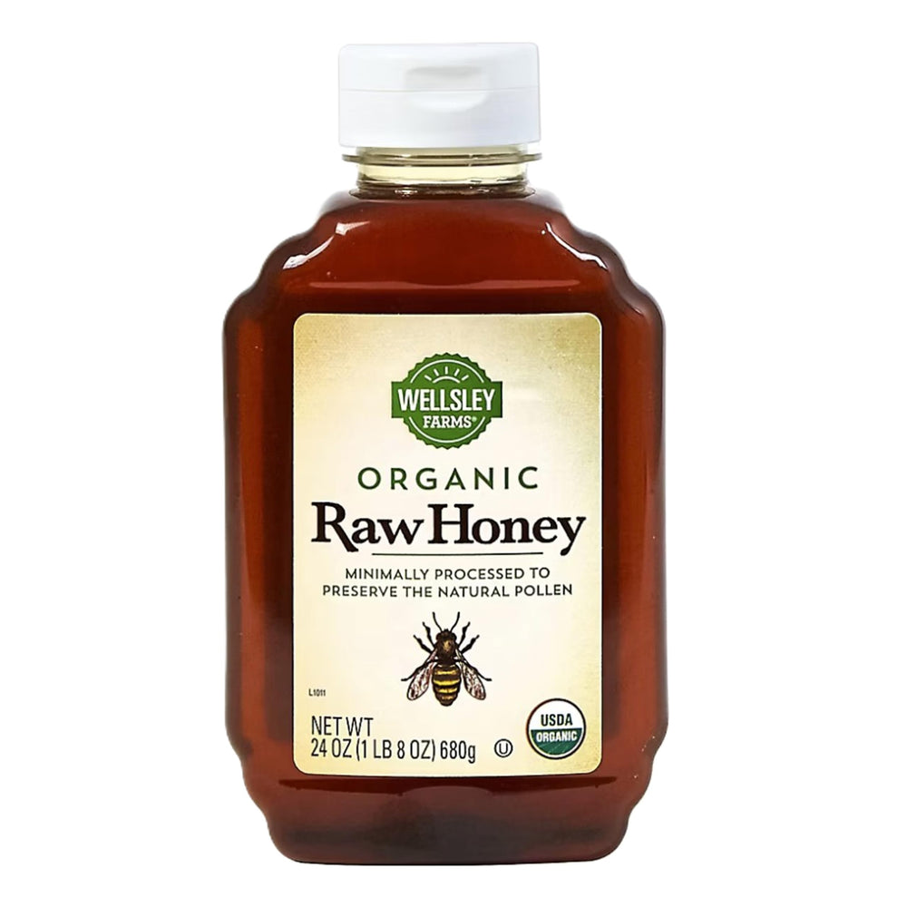 Wellsley Farms Organic Raw Honey 24 oz bottle pouring golden sweetness for tea and toast