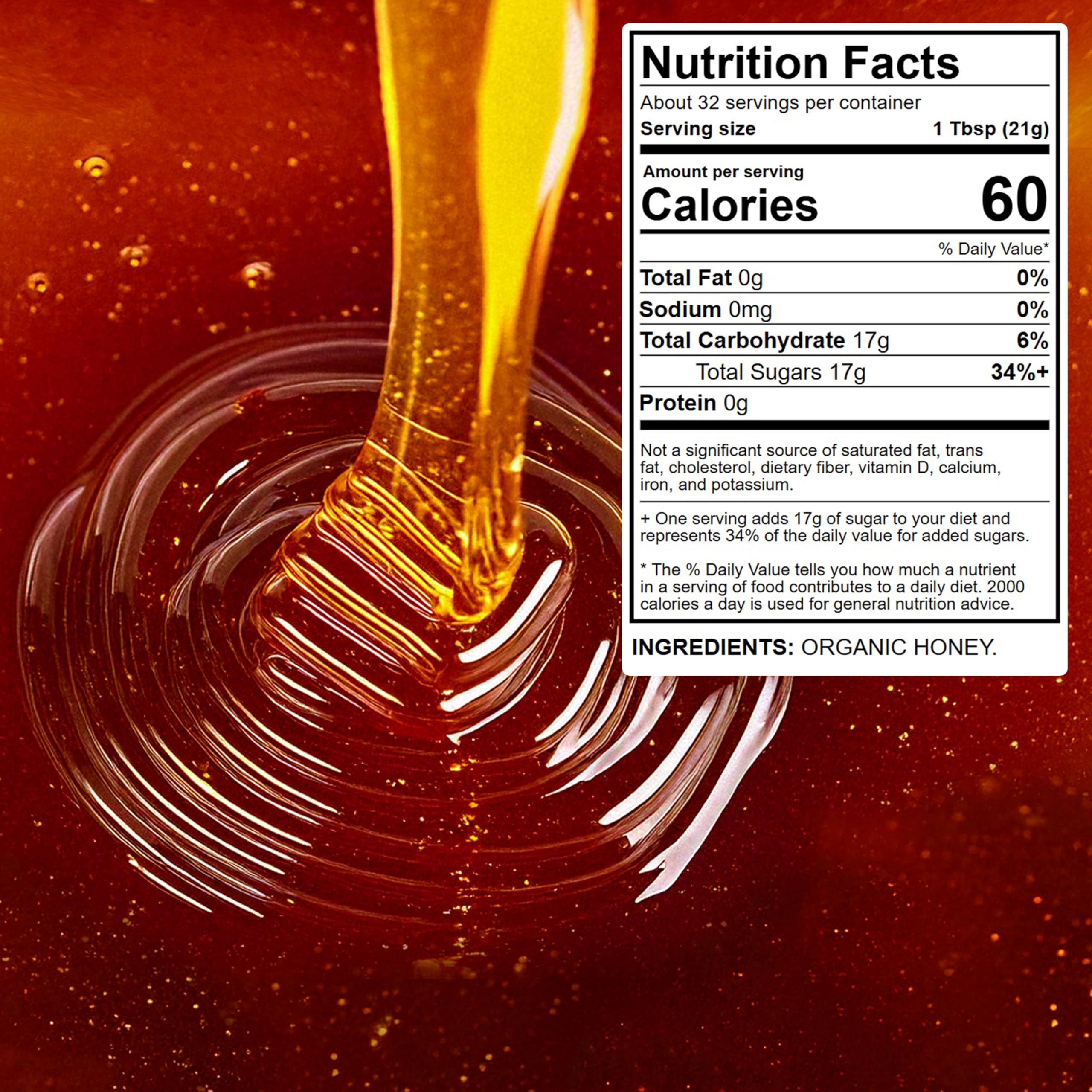 Close view of Wellsley Farms Organic Raw Honey being poured from the bottle