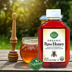Closeup texture of Wellsley Farms Organic Raw Honey shows velvety golden richness