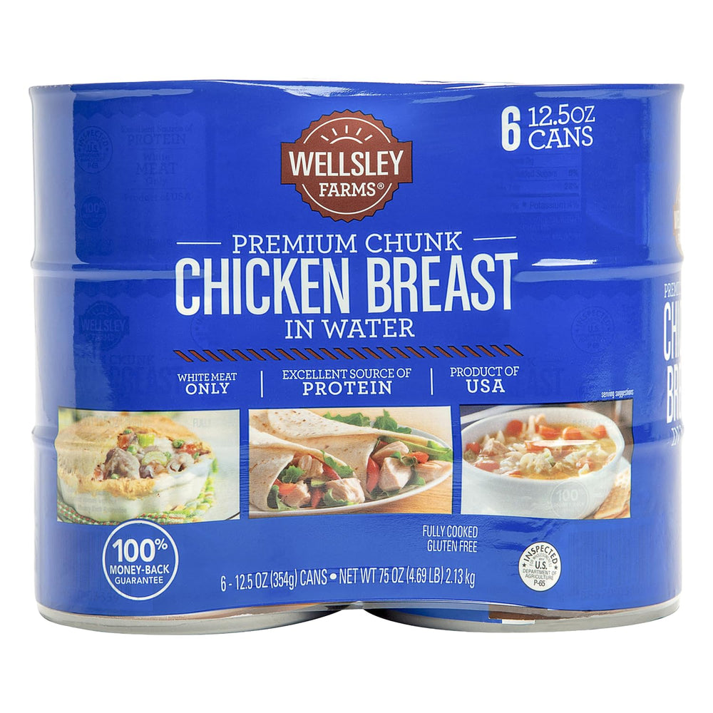 Wellsley Farms premium chunk chicken breast in water can ready-to-use salads.