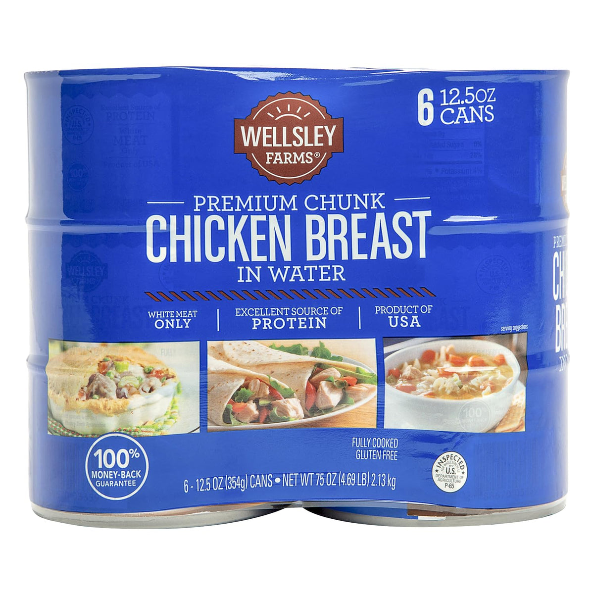 Wellsley Farms premium chunk chicken breast in water can ready-to-use salads.
