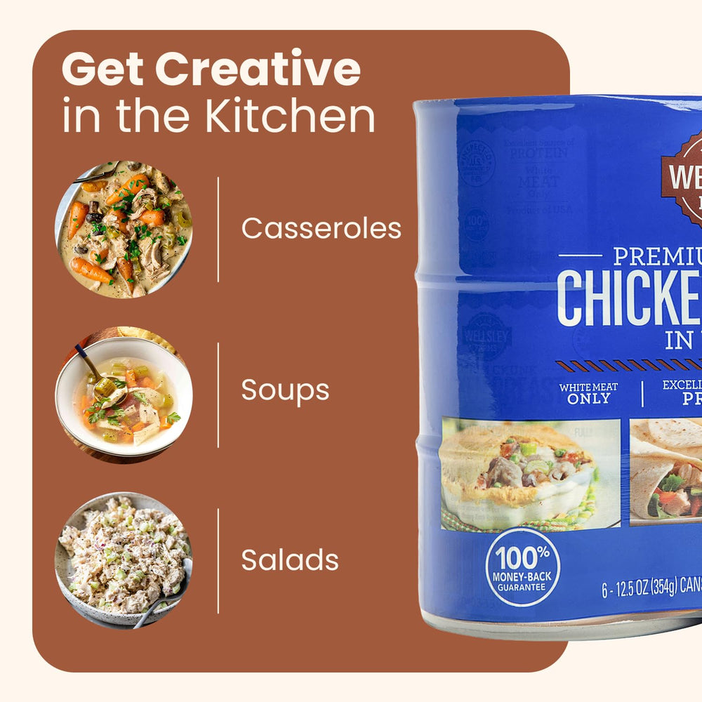 Wellsley Farms premium chunk chicken breast in water for pasta bowls.