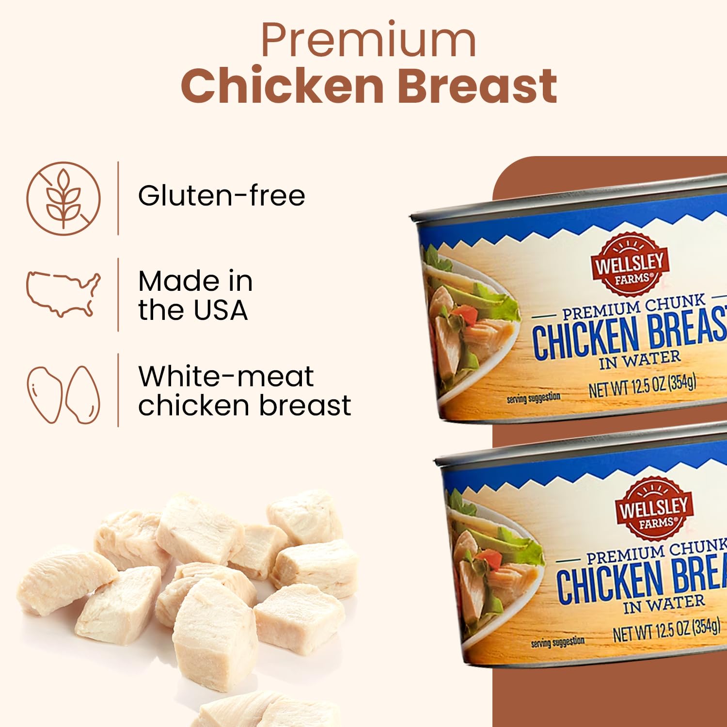 Wellsley Farms premium chunk chicken breast in water for salads and casseroles.