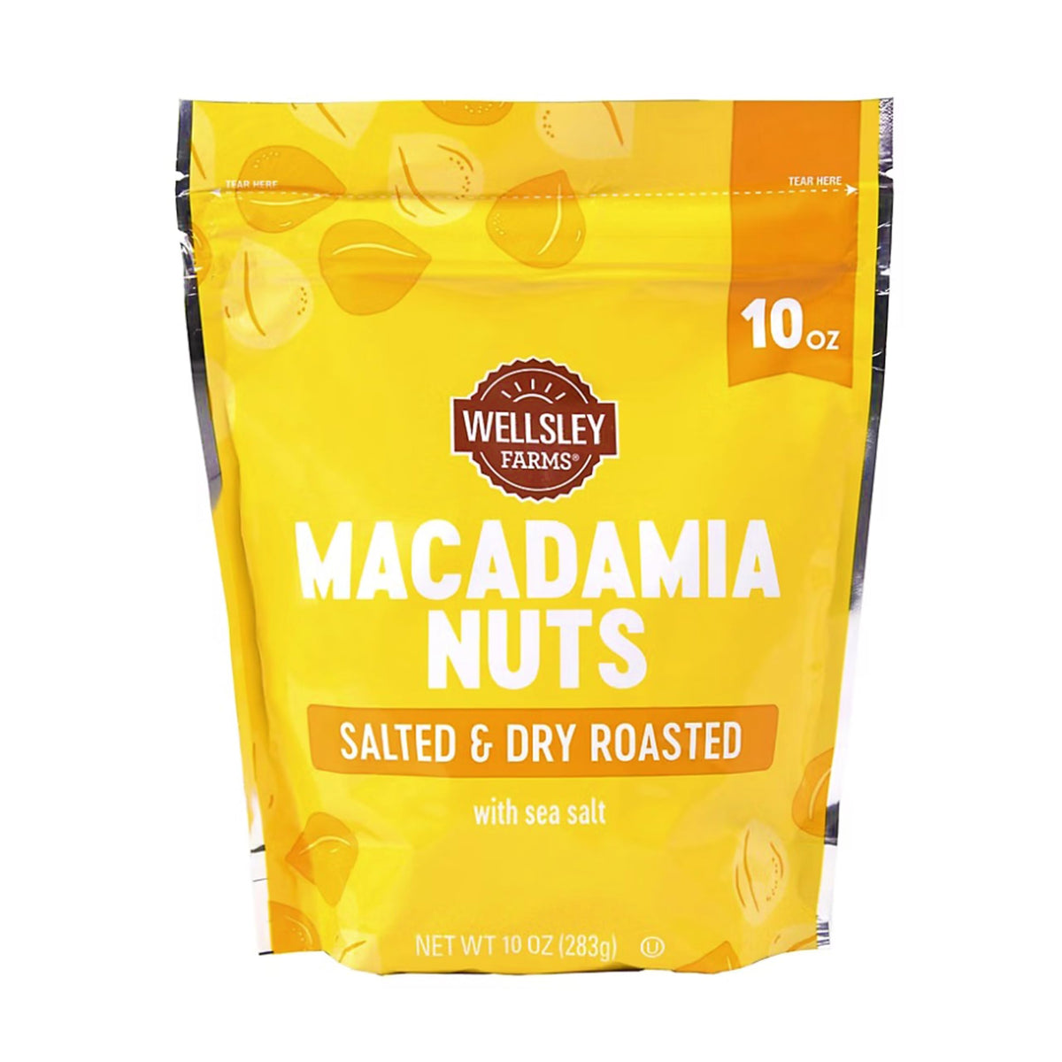 Wellsley Farms salted macadamia nuts front view in resealable bag for on-the-go snacking