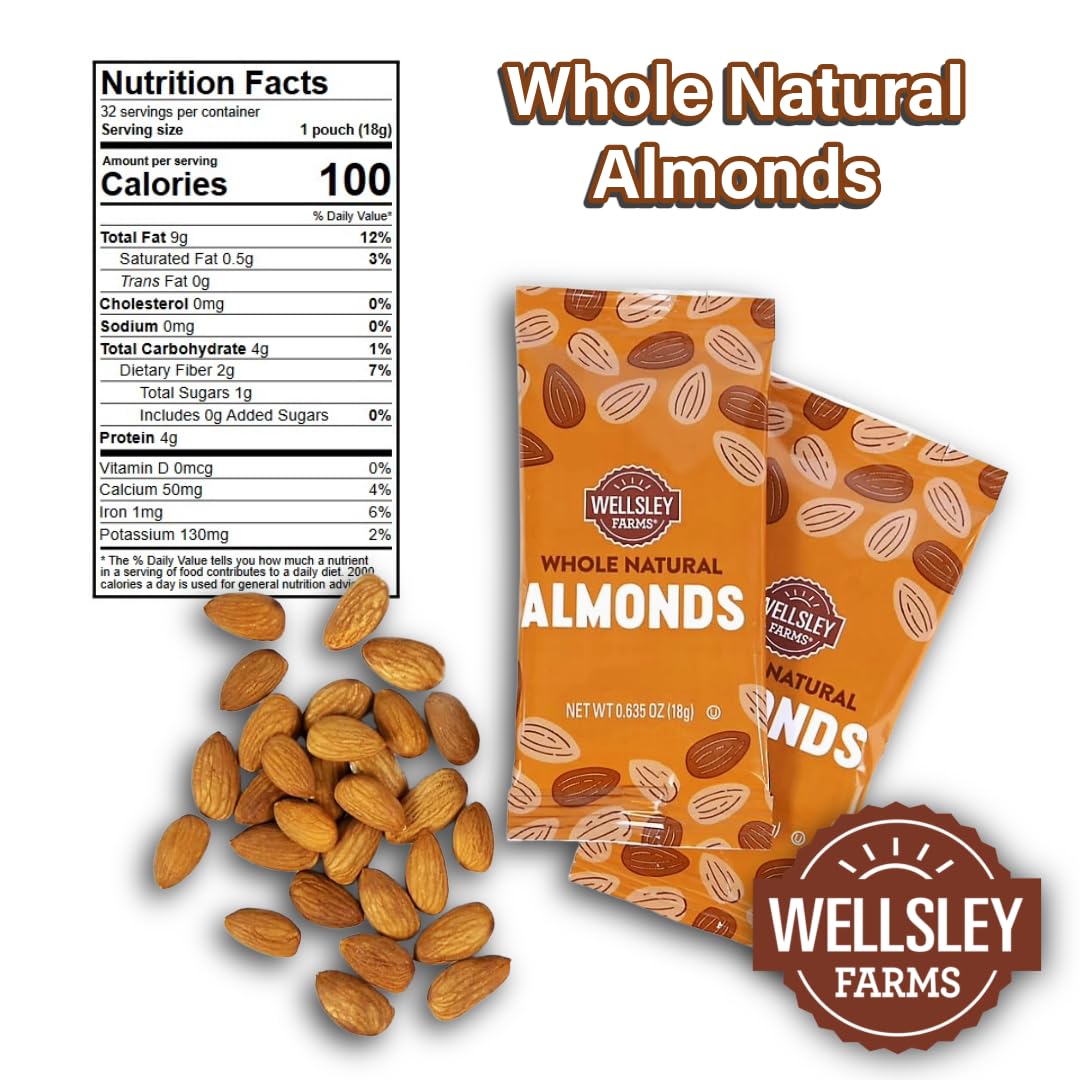Wellsley Farms single-serve almond snacks, convenient for lunchboxes and travel.