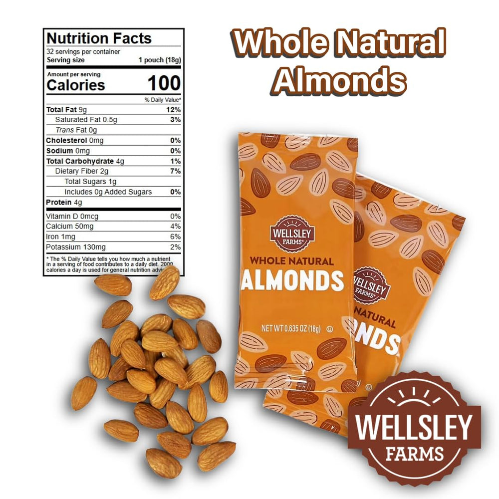Wellsley Farms single-serve almond snacks, convenient for lunchboxes and travel.