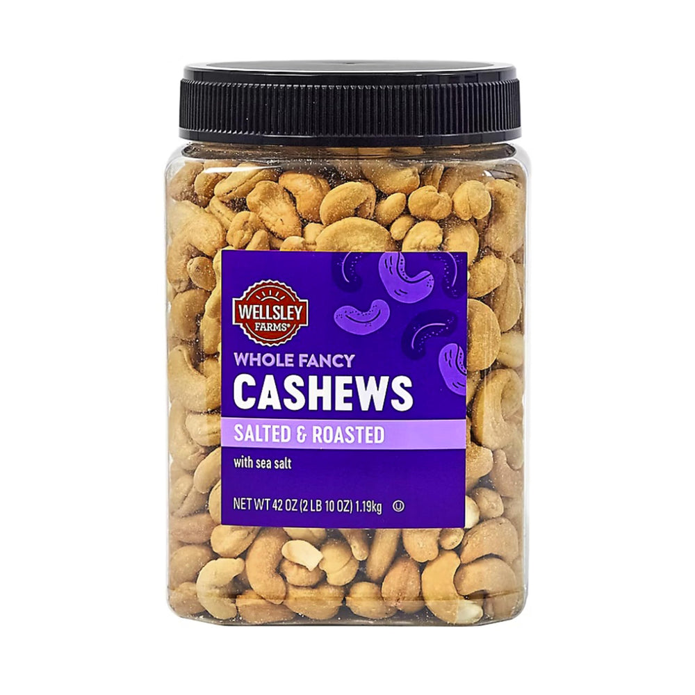 Wellsley Farms whole fancy salted roasted cashews in a 42 oz tub for sharing.