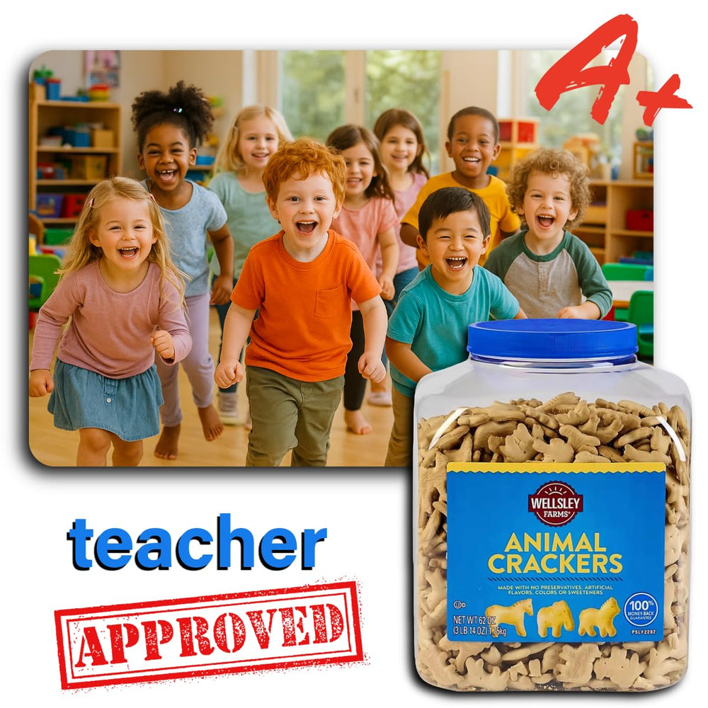 Wellsley Farms Animal Crackers family snack in a 62oz tub ready for sharing.