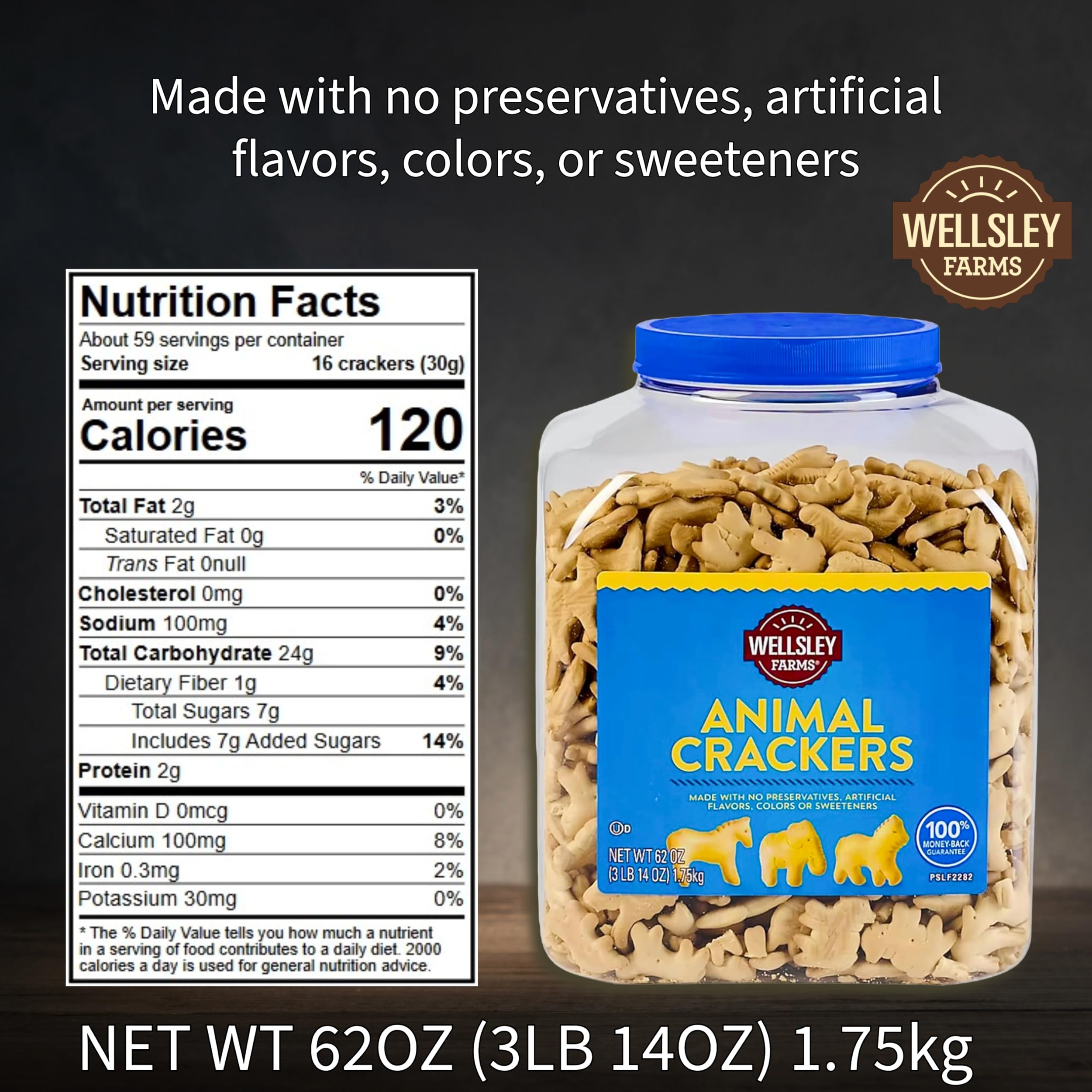 Wellsley Farms Animal Crackers tub with reseal keeps crackers fresh between uses.
