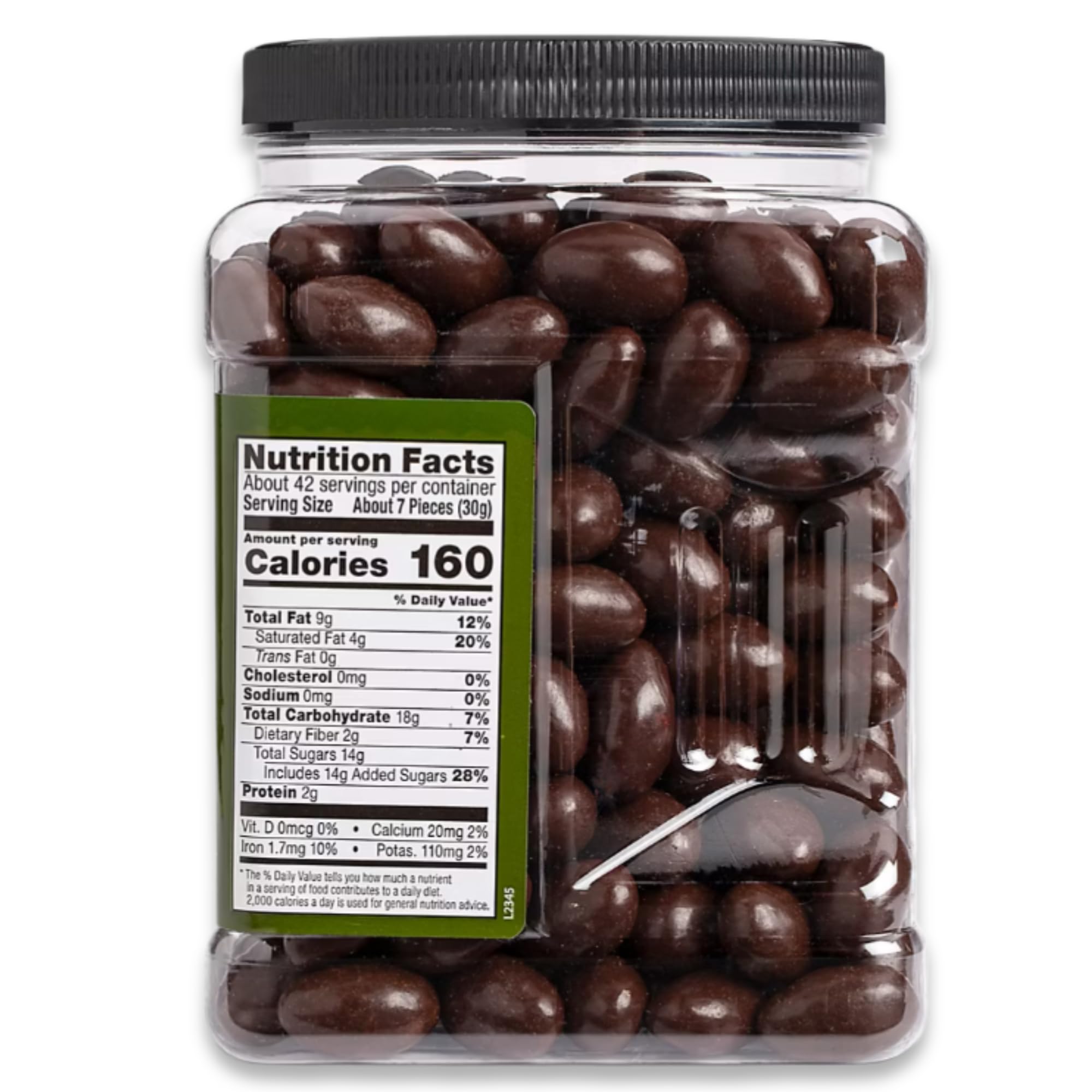 Close-up of Wellsley Farms Dark Chocolate Covered Almonds showing glossy coating and crunch.