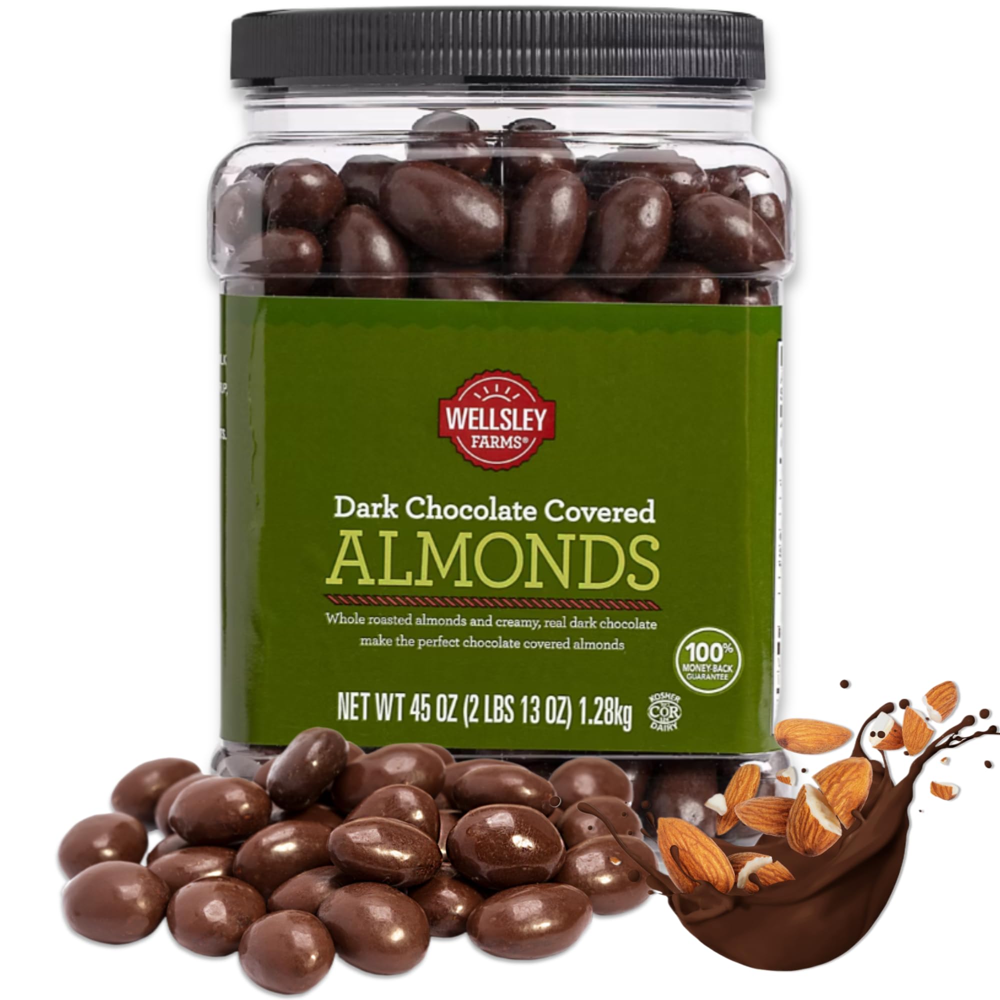 Wellsley Farms Dark Chocolate Covered Almonds container, ideal for sharing at gatherings.