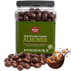 Wellsley Farms Dark Chocolate Covered Almonds container, ideal for sharing at gatherings.