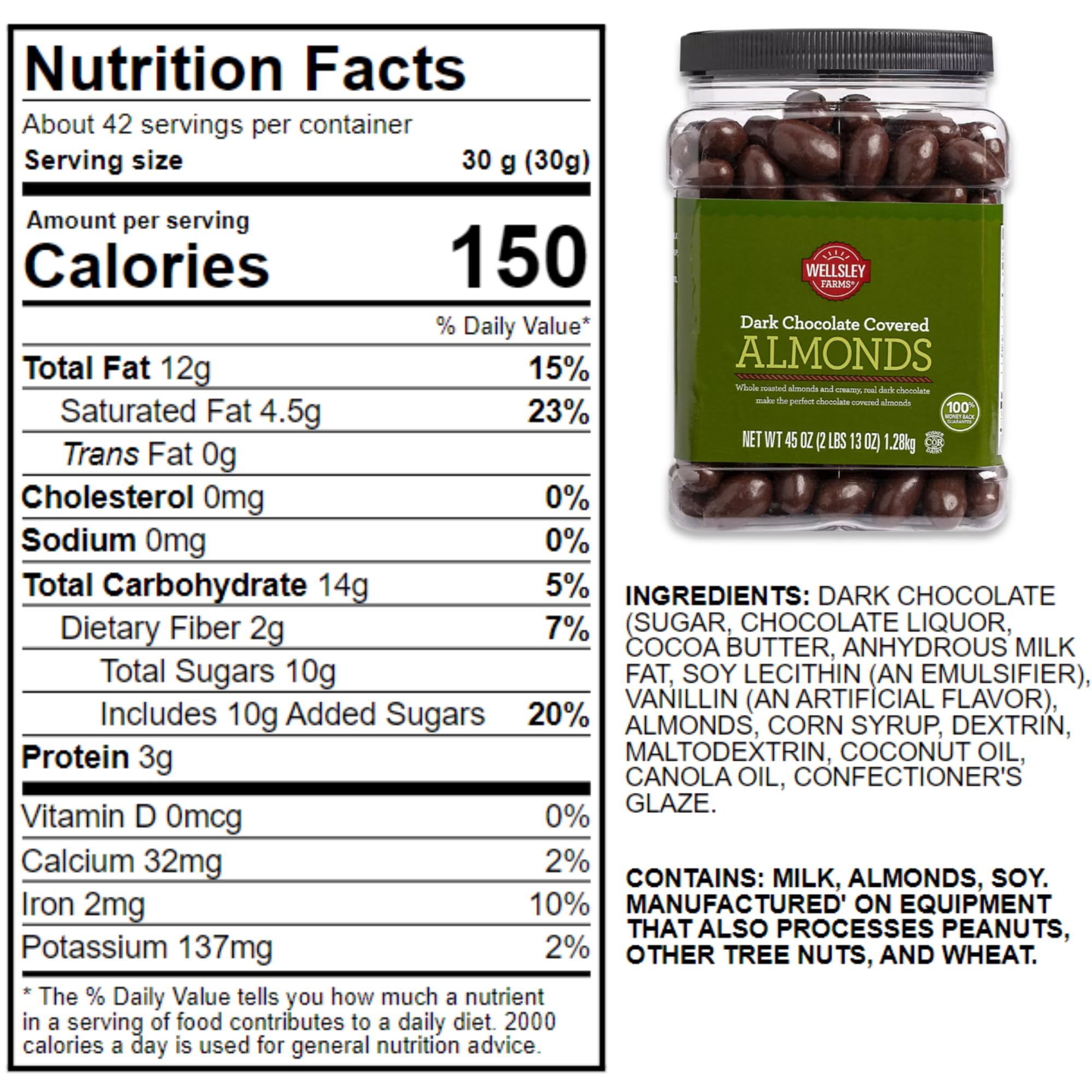 Wellsley Farms Dark Chocolate Covered Almonds in a serving bowl, perfect for snacking.