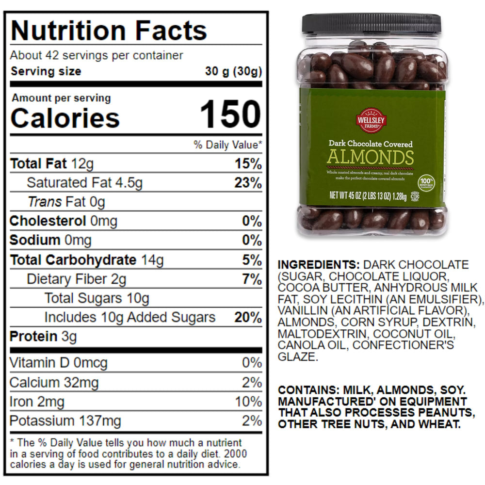 Wellsley Farms Dark Chocolate Covered Almonds in a serving bowl, perfect for snacking.
