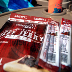 Resealable bag of Wenzel's Farm jerky for fresh, MSG-free snacking.