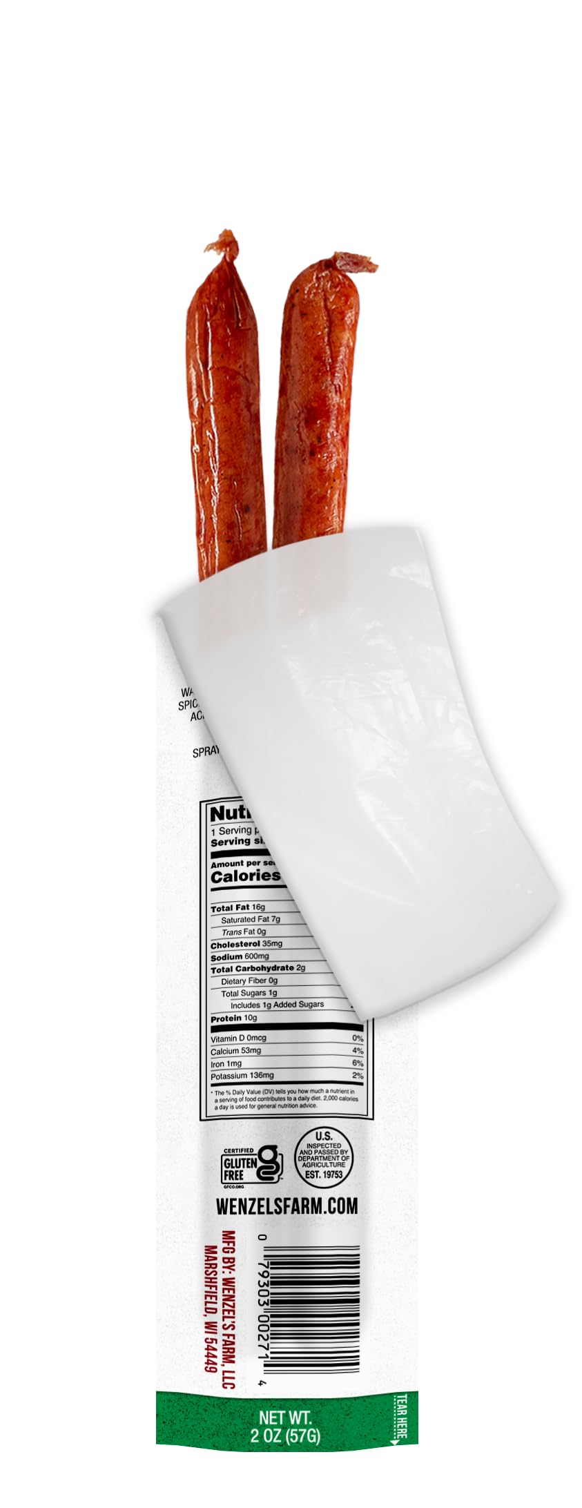 Ingredients panel highlights real meat and clean label on Wenzel's Farm sticks.