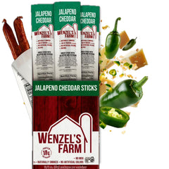 Wenzel's Farm Jalapeno Cheddar Sticks pack shows convenient two-pack portions for on-the-go snacking.
