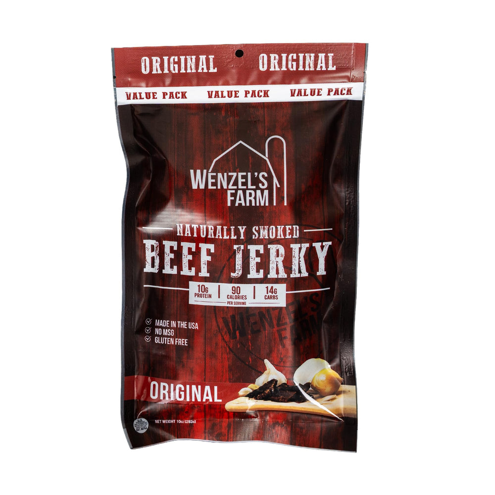 Wenzel's Farm Original Beef Jerky pack shot for on-the-go protein.