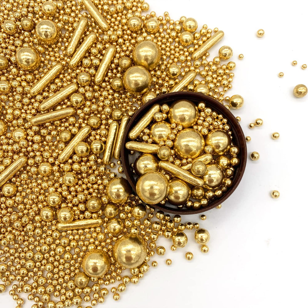 Weraru close-up of gold pearl sugar beads for premium cake decoration