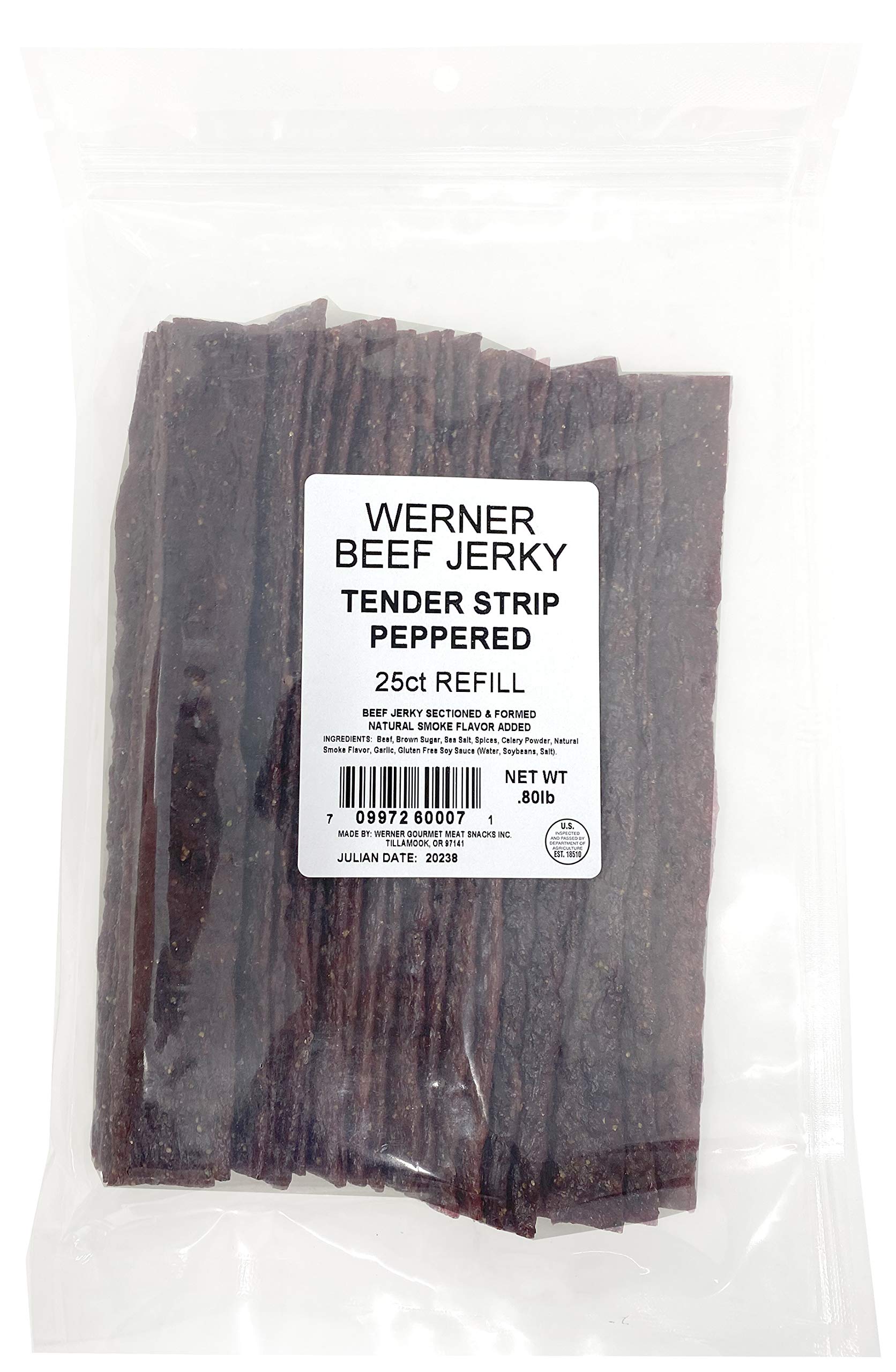 Werner Tender Strips Peppered Beef Jerky 25-pack, portable protein for workouts.