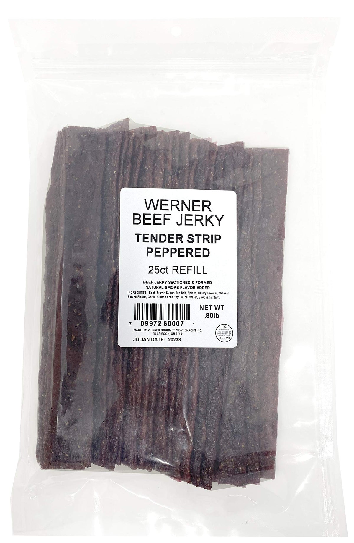 Werner Tender Strips Peppered Beef Jerky 25-pack, portable protein for workouts.