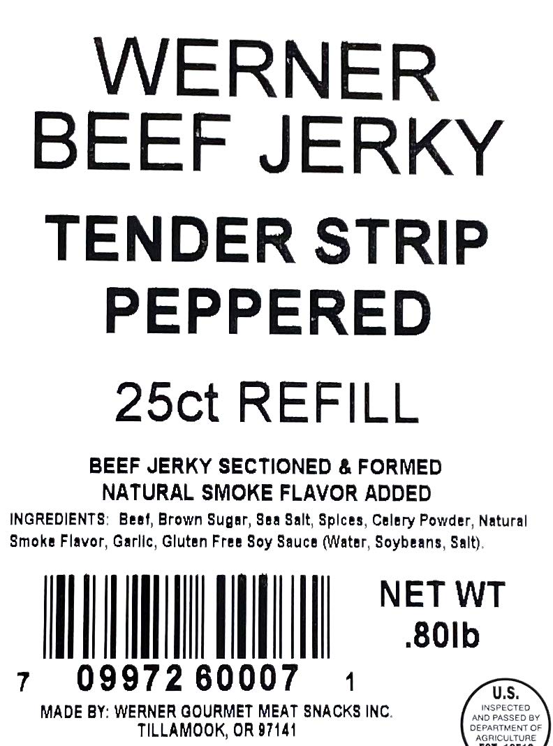 Werner jerky strips on a cutting board, hardwood-smoked flavor.