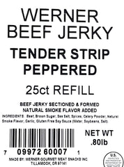 Werner jerky strips on a cutting board, hardwood-smoked flavor.