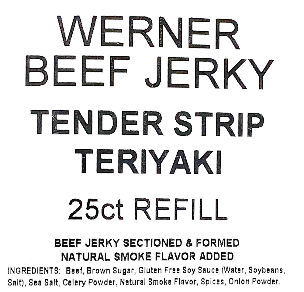 Werner Teriyaki beef jerky close-up showing natural wood smoke flavor