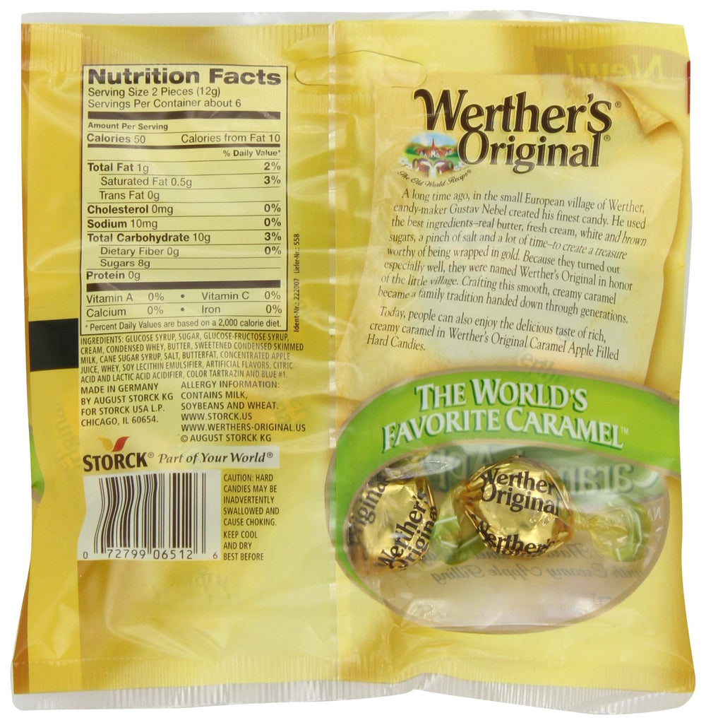 Werther's Original caramel apple filled candies closeup highlighting creamy center.