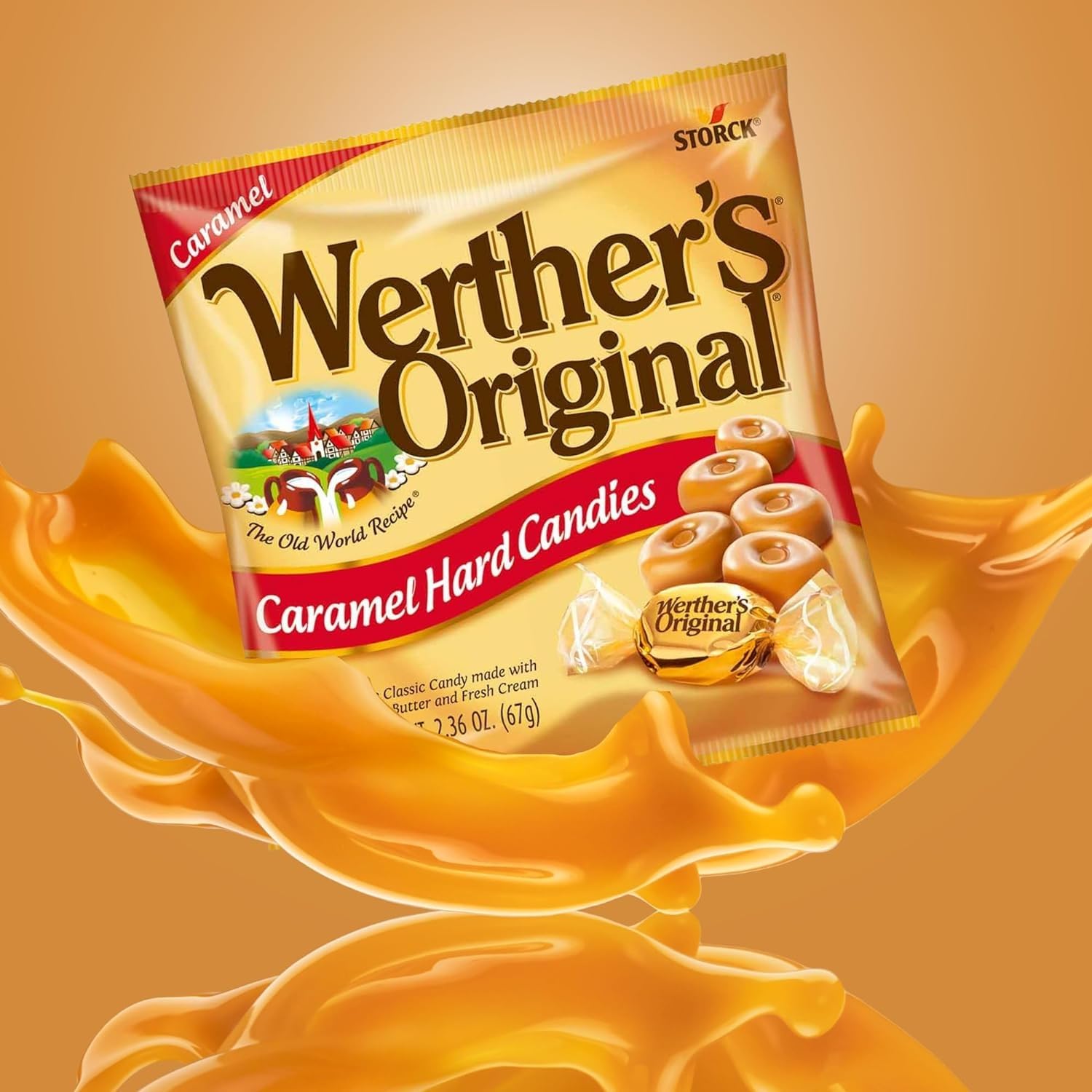 Creamy butter and fresh cream caramel texture in Werther's hard candy close-up.